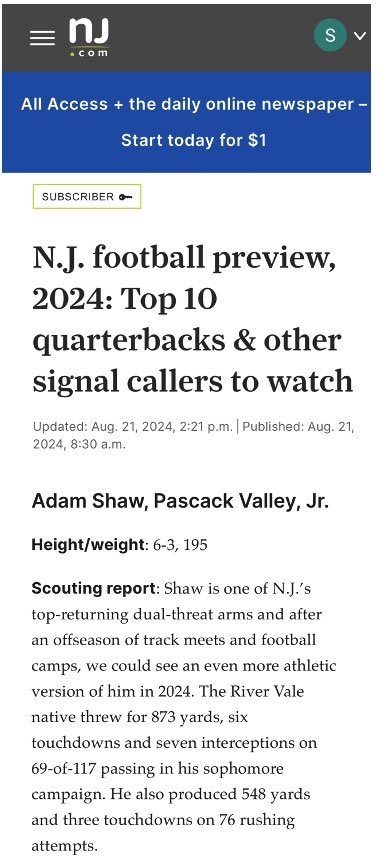 Adam_Shawdawg's tweet image. Thanks, @RyanwPatti, for recognizing me in your N.J. football preview! Honored to be included among
2024: Top 10
quarterbacks &amp;amp; other signal callers to watch.  Can’t wait to hit the field and prove myself this season.  #NJFootball #LetsGo @PValleyFootball @SimmsComplete