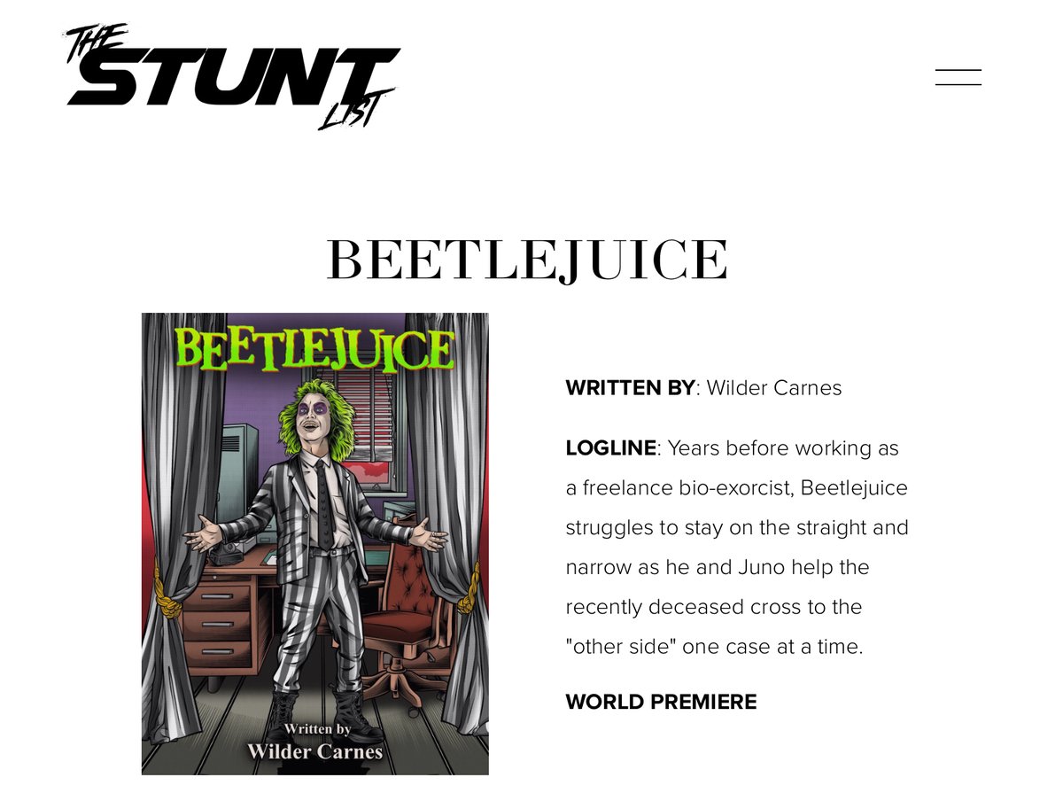 CarnesWilder's tweet photo. I'm honored to have my TV stunt script included in this year's #STUNTLIST2024!

Get your early dose of #BeetlejuiceBeetlejuice here. This was a blast to write! Link below ⬇️ https://t.co/KCxsfdScHR