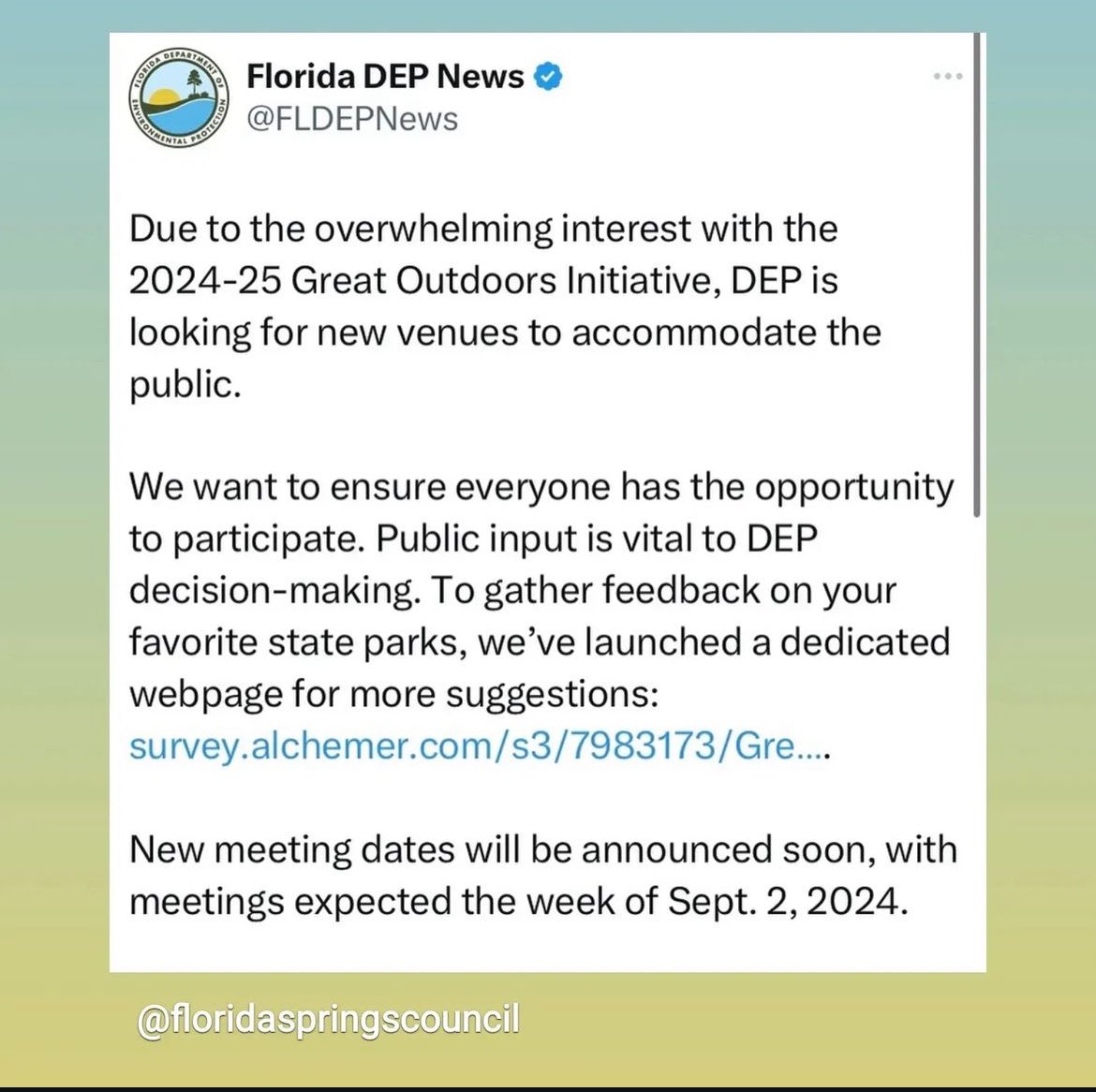 Thatfloridafeel's tweet image. They put out a survey so it’s time to tell them how we feel

survey.alchemer.com/s3/7983173/Gre…

#thatfloridafeeling
 #florida
#floridastateparks