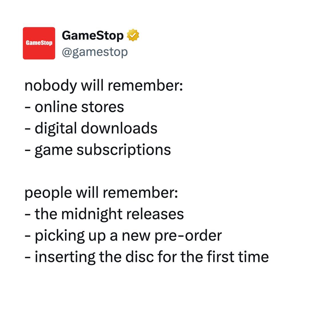 The Halo 3, MW2, Skyrim midnight releases.. got me in the feels… an era I will never forget.. preordering a game just to get that extra item that nobody else had.. opening up the game case for the first time.. man.. #RipGameStop