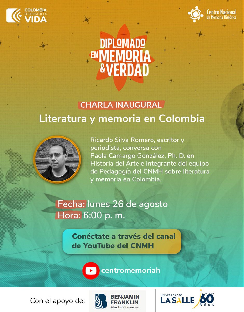 🔴👉Este lunes, 26 de agosto, tendremos una charla en torno a la memoria, el conflicto armado y la literatura colombiana con el escritor <a href="/RSilvaRomero/">Ricardo Silva Romero</a>.

⏰ ¡Conéctate a las 6:00 p.m. por nuestras redes sociales!