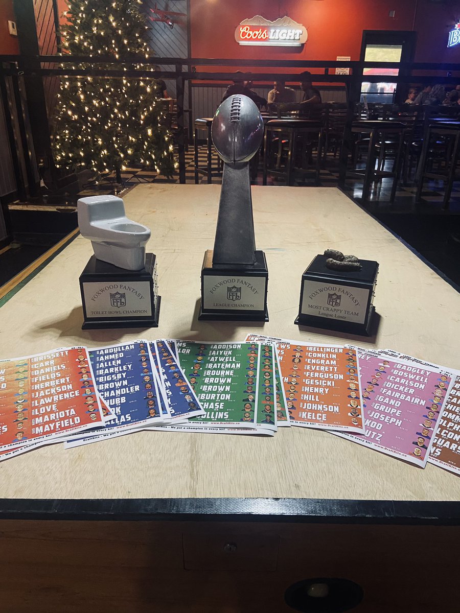 RyanKennedy_22's tweet image. Presenting this year’s trophy recipients of the #FoxwoodFantasy league! #FantasyFootball #DraftNight