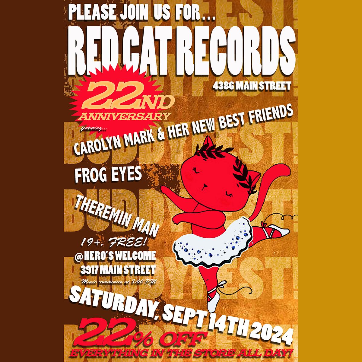 We will be celebrating our 22nd Anniversary IN STYLE on September 14th with a big fat 22% OFF EVERYTHING IN STORE. These festivities will be followed by a show at Hero's Welcome! Buddy Fest fun will continue into the 15th with Car Free Day! Happy Buddy Fest!