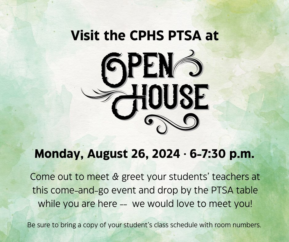 Visit with CPHS PTSA representatives at Open House on Monday! We hope to see you there!