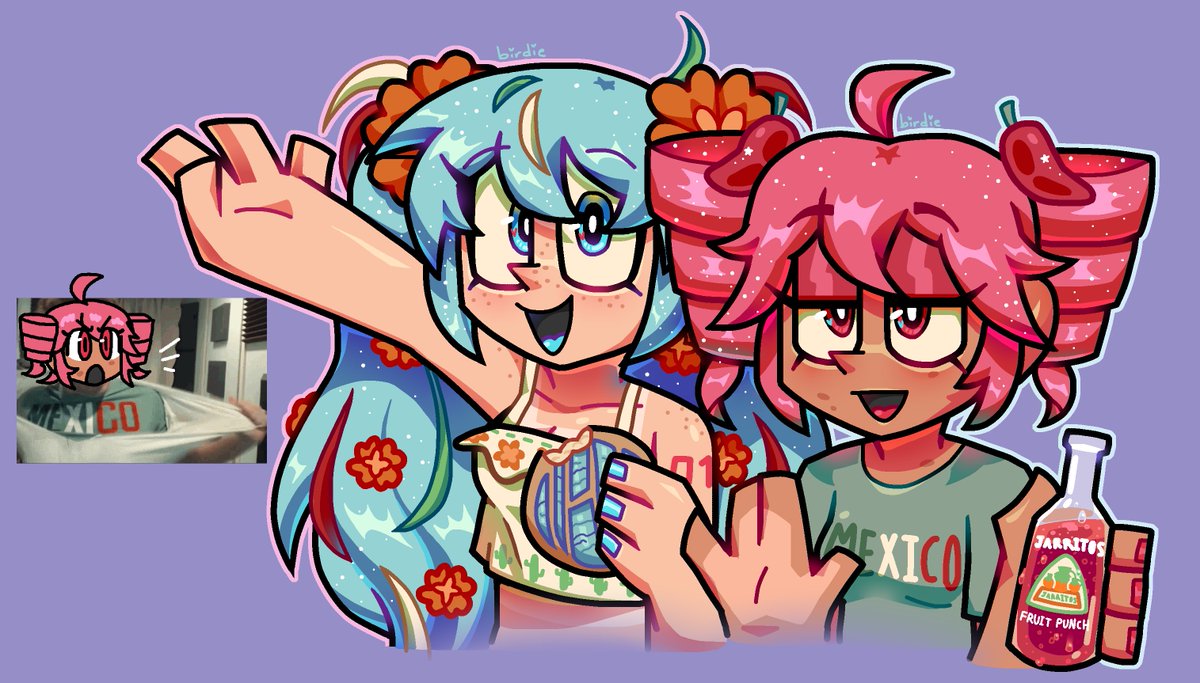DAMAGEDCODA6969's tweet photo. mexican miku and teto!!!! they make me so happy ^_^ my designs r rlly mid (I LITERALLY JUST GAVE TETO THE JERMA MEXICO SHIRT BECUZ I DIDNT WANNA DESIGN AN OUTFIT) but tbh i only drew this so i could render the jarritos bottle https://t.co/H8aG3zNJSG