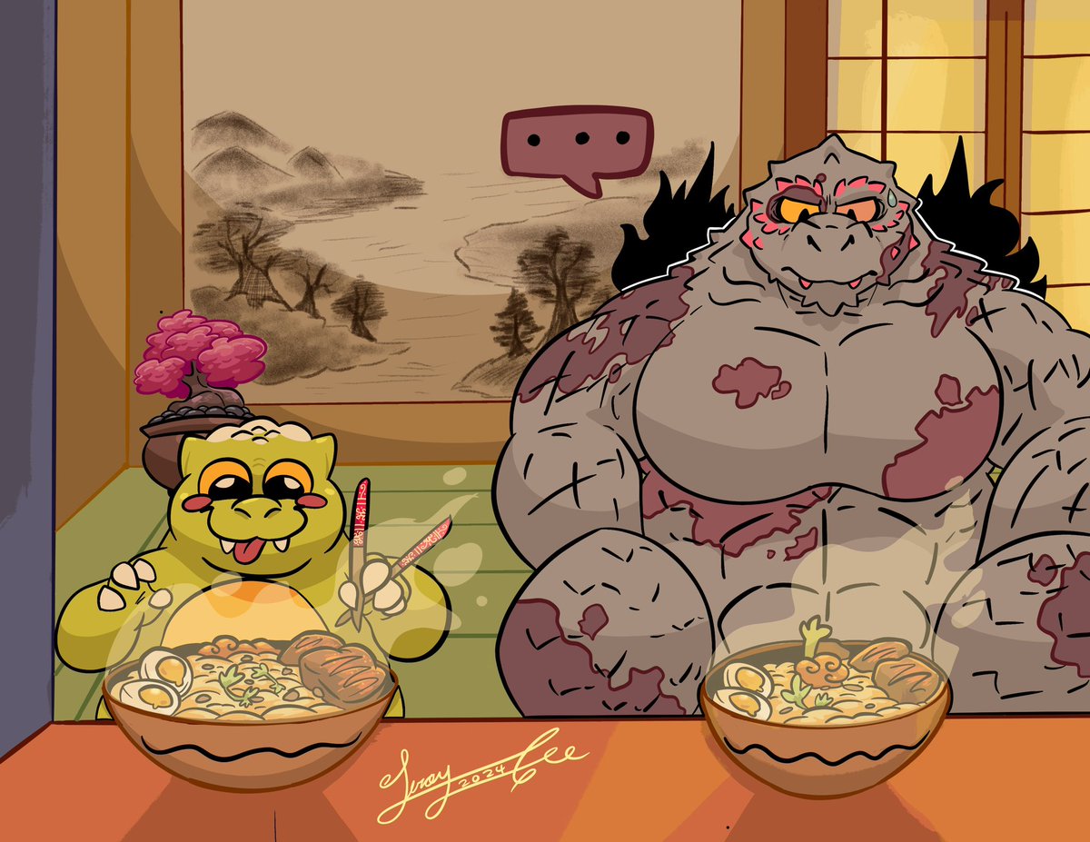 leroyelpatojoYT's tweet photo. godzilla visits his japanese relatives 
( it is going terribly wrong ) (1/?) #godzilla #fanart https://t.co/H8rK4NVkpr