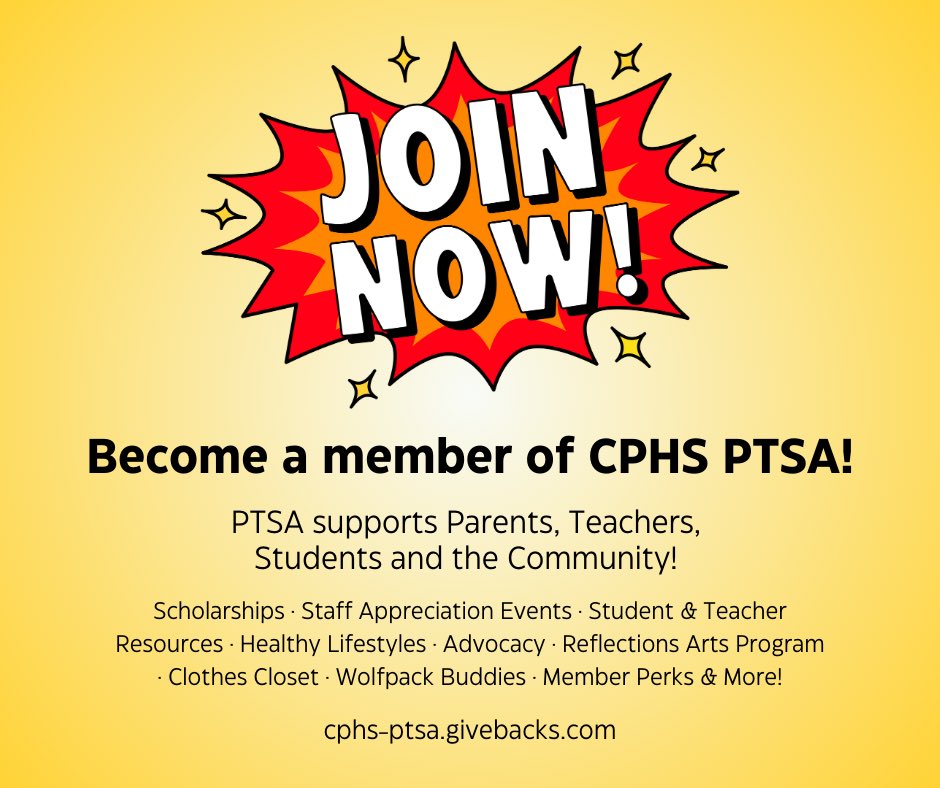 Join PTSA 
Make a difference at CPHS! Join PTSA or renew your membership for the 2024-25 school year! Your involvement helps to support students and staff, fund scholarships and provide enriching programs for students and families. Visit our store at cphs-ptsa.givebacks.com.