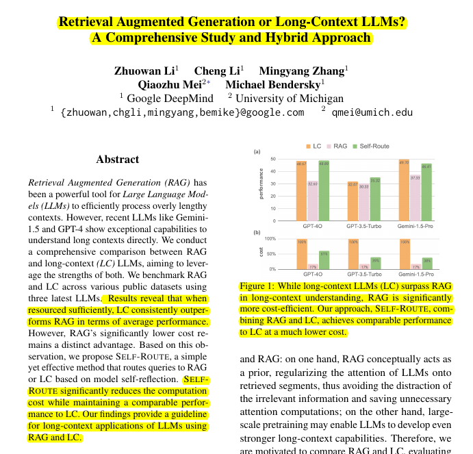 rohanpaul_ai's tweet photo. RAG or Long Context ??

This paper finds, when resourced sufficiently, Long Context consistently outperforms RAG in terms of average performance.🤯

However, RAG’s significantly lower cost remains a distinct advantage.

To solve this they propose a new 'Hybrid' method

-----

Key Insights 💡:

• Long Context consistently outperforms RAG when resourced sufficiently
• RAG remains relevant due to significantly lower computational cost
• Over 60% of queries yield identical predictions from Long Context and RAG

Solution in this Paper 🔧:

• SELF-ROUTE: A hybrid approach combining RAG and Long Context
• Uses model self-reflection to route queries
• RAG-and-Route step: Provides query and retrieved chunks to LLM
• Long-context prediction step: Uses full context for unanswerable queries
• Leverages strengths of both RAG and Long Context

Results 📊:

• SELF-ROUTE achieves comparable performance to Long Context at lower cost
• Cost reduction: 65% for Gemini-1.5-Pro, 39% for GPT-4O
• Performance: Slight drop for GPT-4O (-0.2%) and Gemini-1.5-Pro (-2.2%)
• Improvement for GPT-3.5-Turbo (+1.7%)