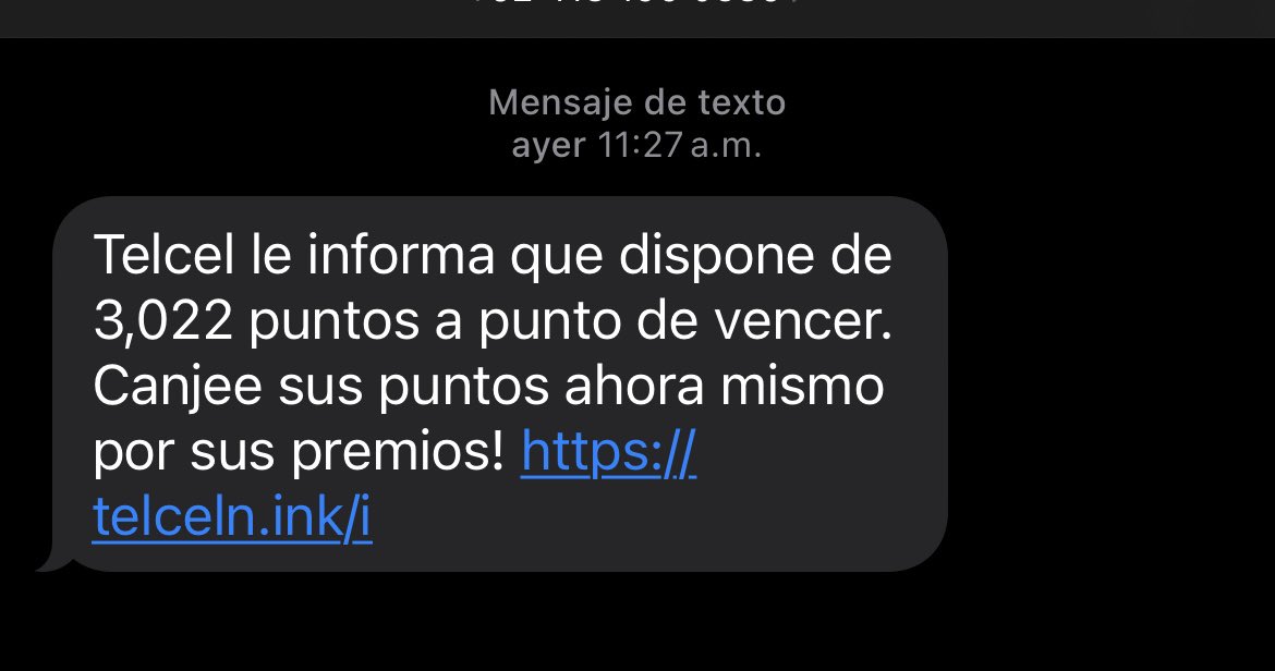 CopyrightChaos's tweet photo. Oye @Telcel , están haciendo phishing haciendo creer que se perderán puntos. Usan el link: telceln[.]ink/i y el mensaje viene de un número con lada 428 @Ciber_CDMX https://t.co/gFxffel4Qf