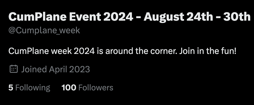 Cumplane_week's tweet photo. 100 followers? And just in time for #cumplaneweek2024! Thank you everyone for all your support. Hope you all enjoy this year's event. https://t.co/LgTmvWwtPp