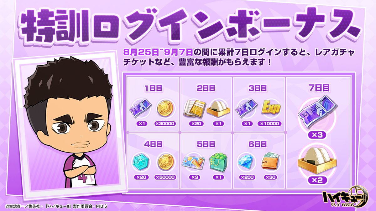 🏐特訓ログインボーナス🏐 #ハイフラ 特訓ログインボーナスイベント 開催予定！ 累計7日間ログインで、  「レアガチャチケット」「体力」「デコレーションコイン」などの報酬が獲得可能！ 📅開催期間：8/25～9/07 ゲームにログインして、報酬をゲットしよう  ...