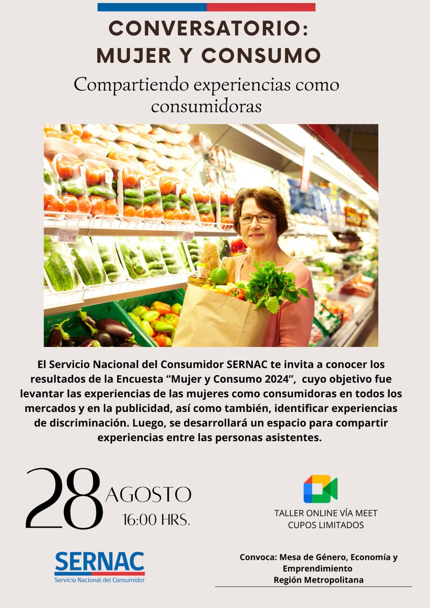 ✨📊Únete a la jornada organizada por la Mesa de Género de la Región Metropolitana.                     
 Encuesta Mujer y Consumo 2024 📊 👩‍⚖️
 🗓️ Fecha: miércoles 28 de agosto de 2024 
🕓 Hora: 16:00 horas.
¡Nos vemos allí! 🌟
👇 INSCRIPCIONES.
forms.office.com/r/s37c9SRJeQ🌟