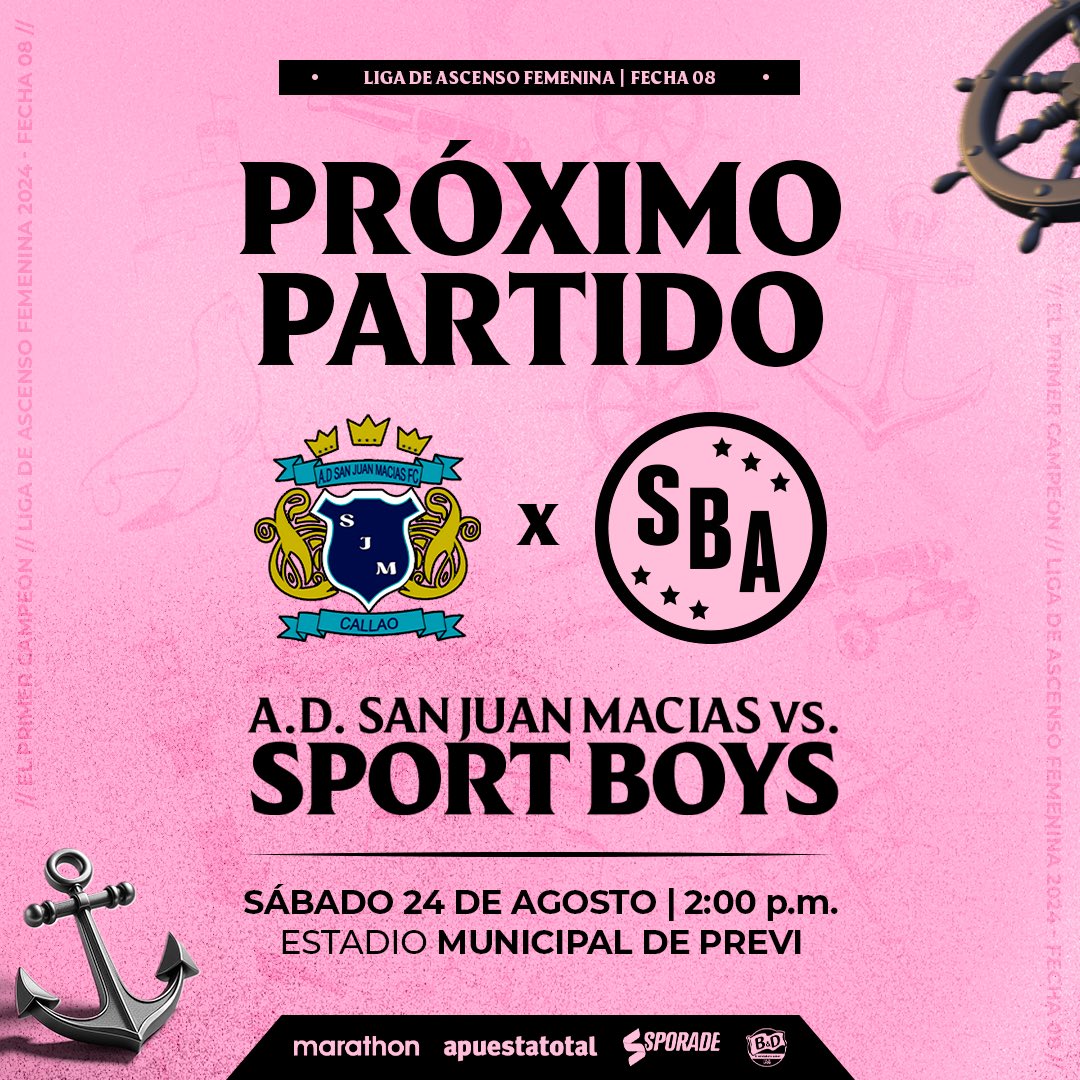 ¡PRÓXIMO PARTIDO! ⚽️👚

🗓️ Sábado 24 de agosto 
🕑 02:00 p.m. 
🏟️ Estadio Municipal de Previ 
🆚 A. D. San Juan Macias 

#VamosBoysTodaLaVida 
#SportBoysFemenino