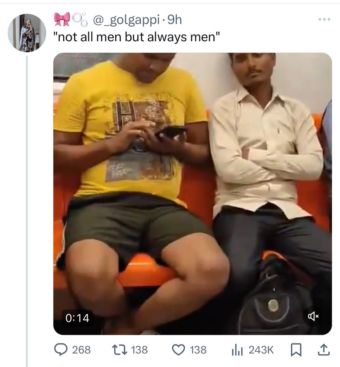 NomadicFather's tweet photo. Height of “victim card”. Some guy in metro doesn’t watch his phone like others next to him. So, this person takes a full video of him invading his privacy & narrates her fantasy in a public platform.
Isn’t this r@pe on men?
#VictimCard #StopDVOnMen #WokeFeminist https://t.co/7c0R283UaX