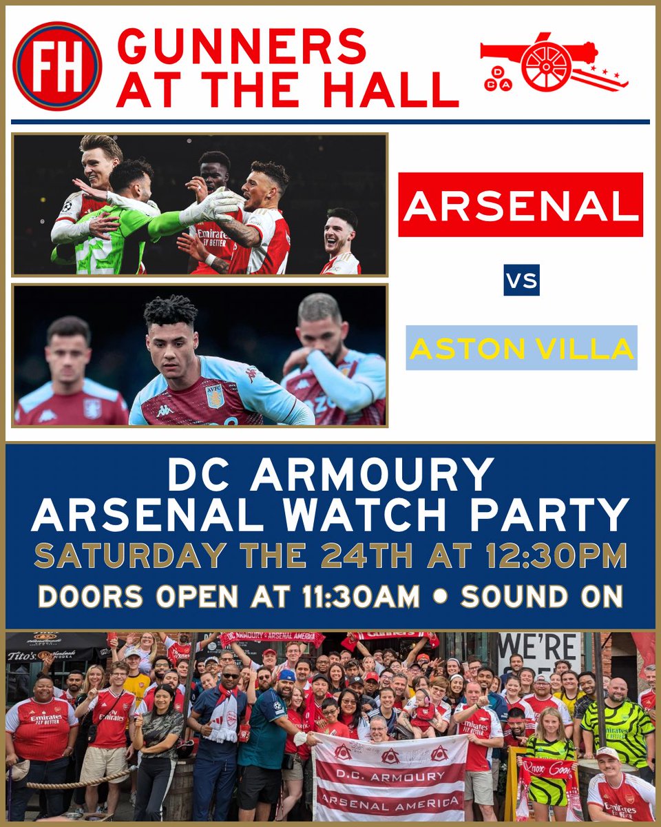 🎉 **Match Day Alert, Gooners!** 🎉 

Join us at Franklin Hall this Saturday for the Arsenal vs. Aston Villa clash! Doors open bright and early at **11:30 AM**. Get in, grab a drink, and let's cheer on the Gunners together! 🔴⚪

#COYG #Arsenal @dcarmoury <a href="/arsenalamerica/">Arsenal America</a>