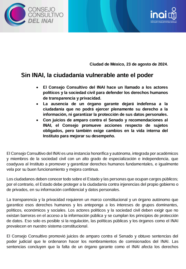 ConsejoConINAI's tweet photo. Sin @INAI la ciudadanía estará vulnerable ante el poder político. El @ConsejoConINAI llama a la defensa de la transparencia y la privacidad. 
👉🏻 Conoce el comunicado especial. 🚩 https://t.co/6U4jJEhG1U