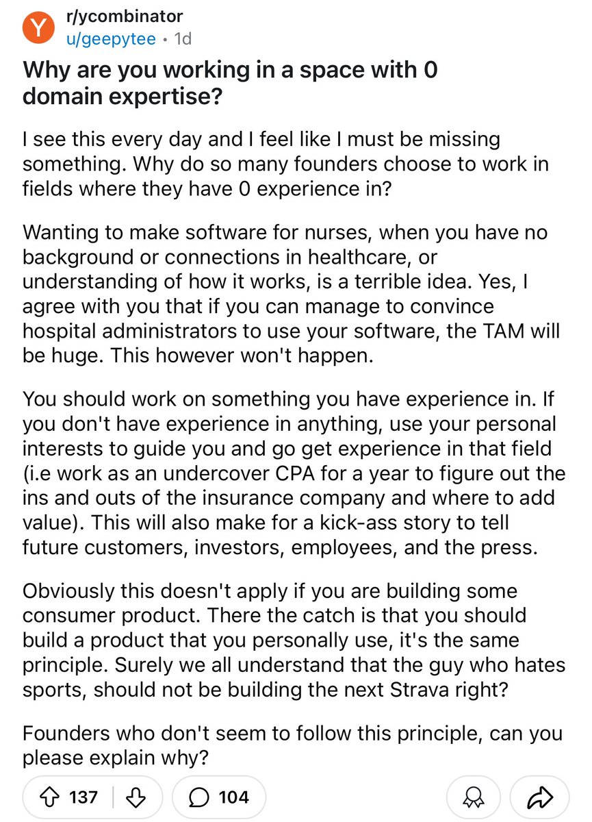tbh this is a banger post

“Going undercover” working a nontechnical job that you have an interest in and that you think LLMs could automate is a pretty wild and increasingly common way to get meaningful domain expertise fast