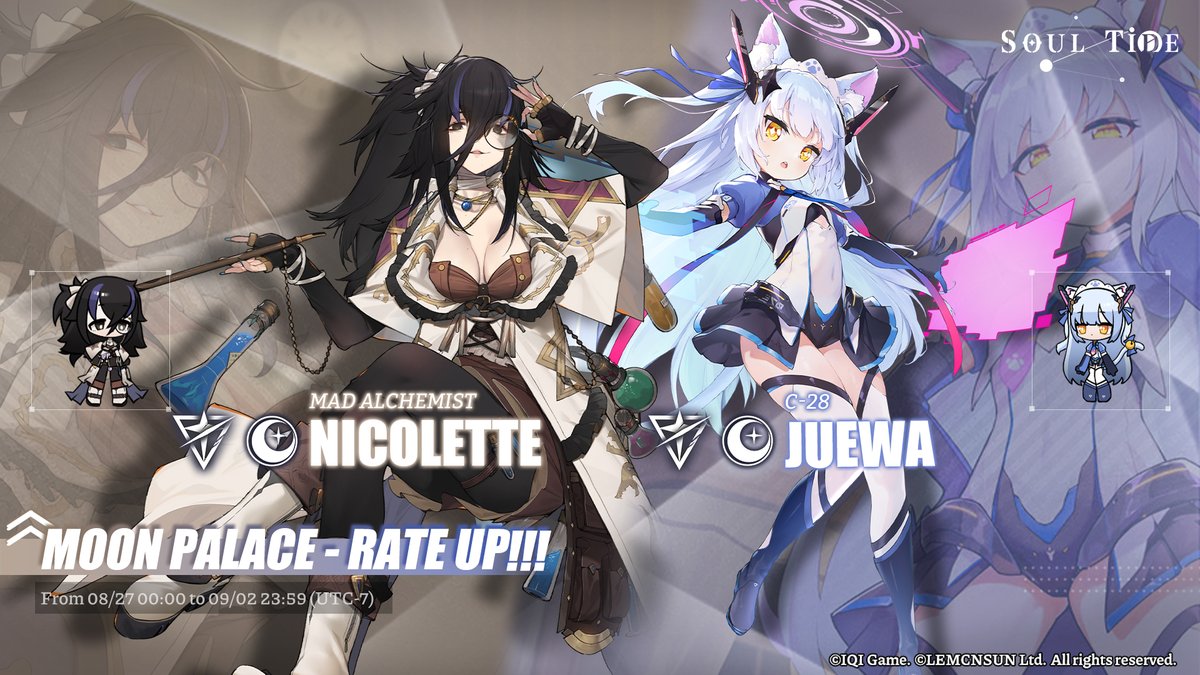 SoulTide's tweet photo. The upcoming Moon Palace will feature Juewa and Nicolette! Evokers, make sure to seize this opportunity!
〓Duration〓
08/27 00:00 - 09/02 23:59(UTC-7)
#SoulTide #MoonPalace #Lemcnsun #Juewa #Nicolette https://t.co/Ttx6fGqzuT