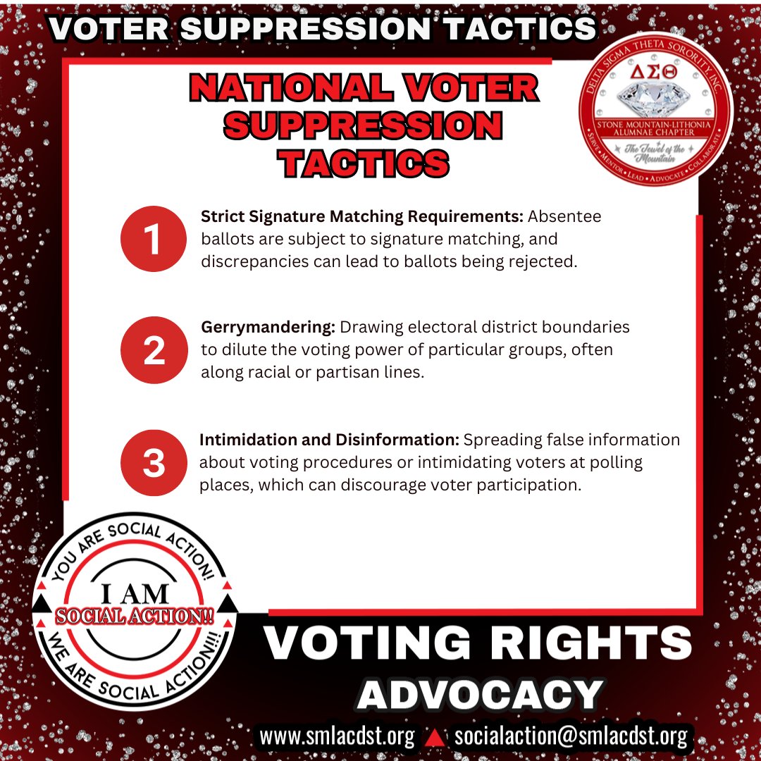 Our voter education series for the month of August focuses on Voter Suppression. 
3 NATIONAL VOTER SUPPRESSION TACTICS
Strict Signature Matching Requirements
Gerrymandering
Intimidation and Disinformation
Be an informed voter - check your voter status at bit.ly/SM-LAC_CheckYo…