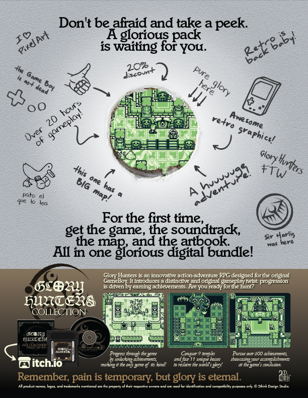 Looking for glory and want the whole package?
Save up to 20% by grabbing the Glory Hunters Collection Bundle, which includes the game 🕹️, artbook 🖼️, printable world map 🗺️, and original soundtrack 💿!

itch.io/b/2629/glory-h…

#GloryHuntersGame #IndieGame #GameBoy #RetroGame