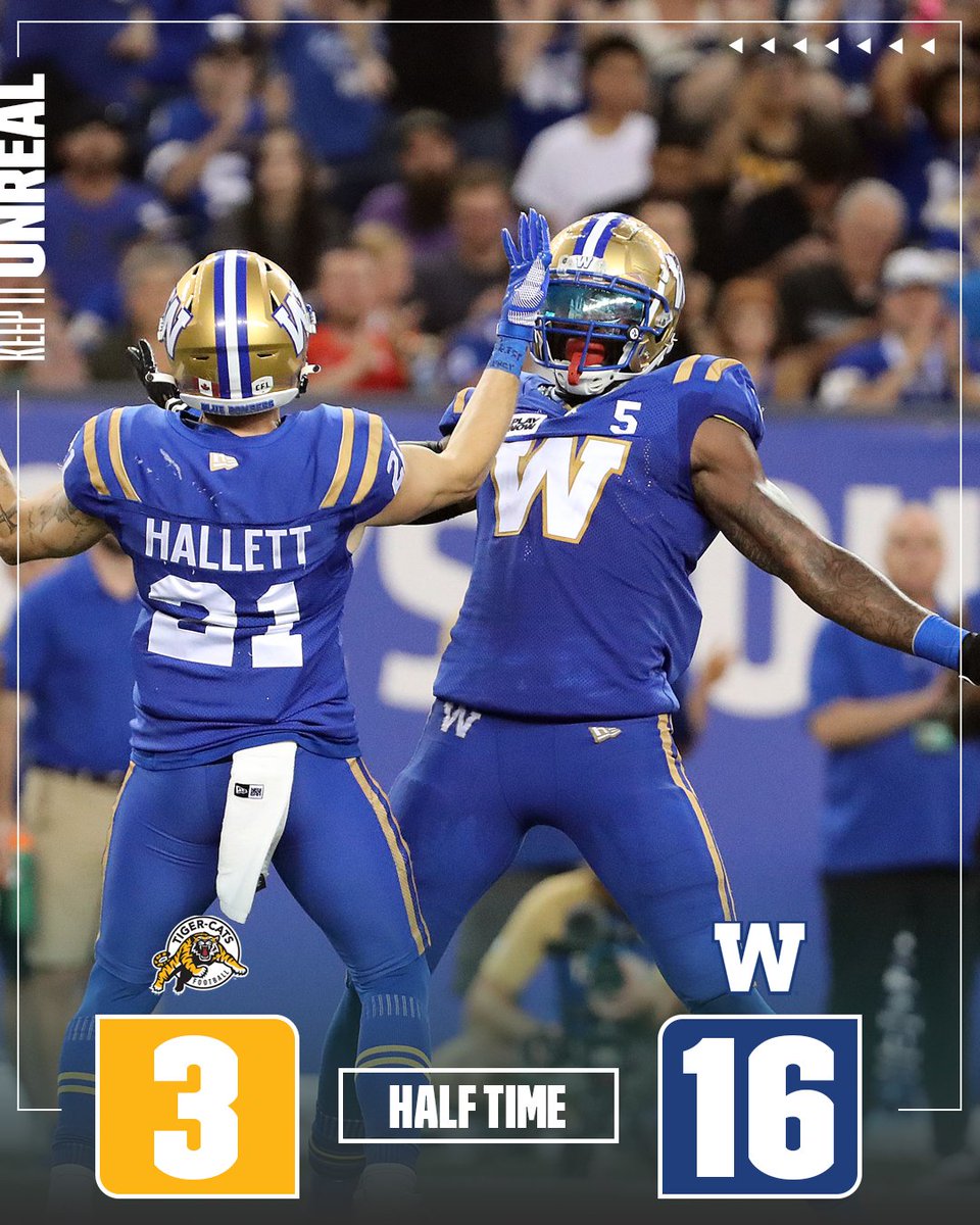 Half time in the 'Peg.

#CFLGameDay 
📺: <a href="/TSN_Sports/">TSN</a>, <a href="/RDSca/">RDS</a> &amp; <a href="/CBSSportsNet/">CBS Sports Network</a> 
📱: TSN+