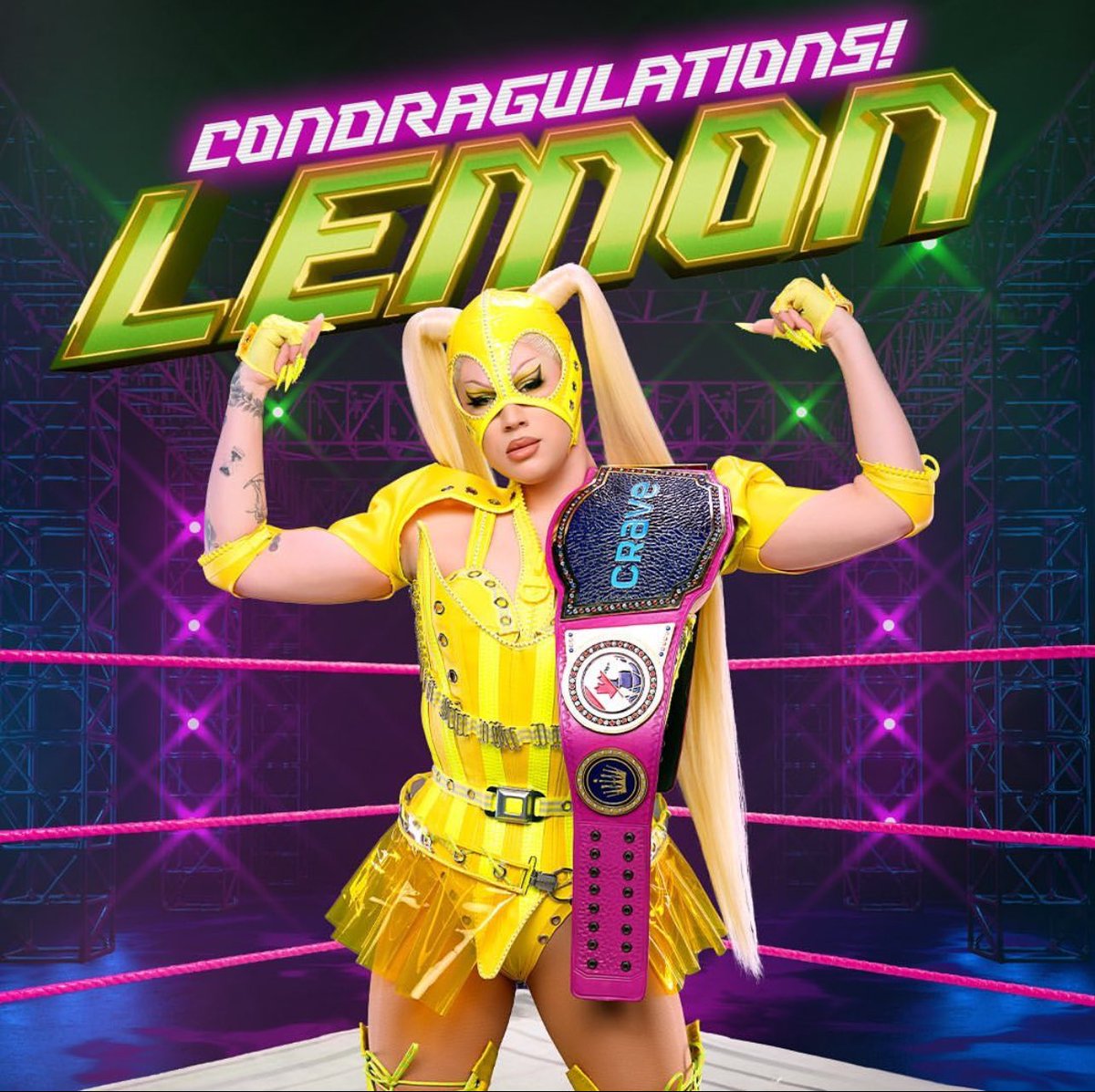 S1ut4glitter's tweet photo. Lemon has made drag race HERstory by being the first porkchop to ever return and win! https://t.co/8ghiXaXXWx