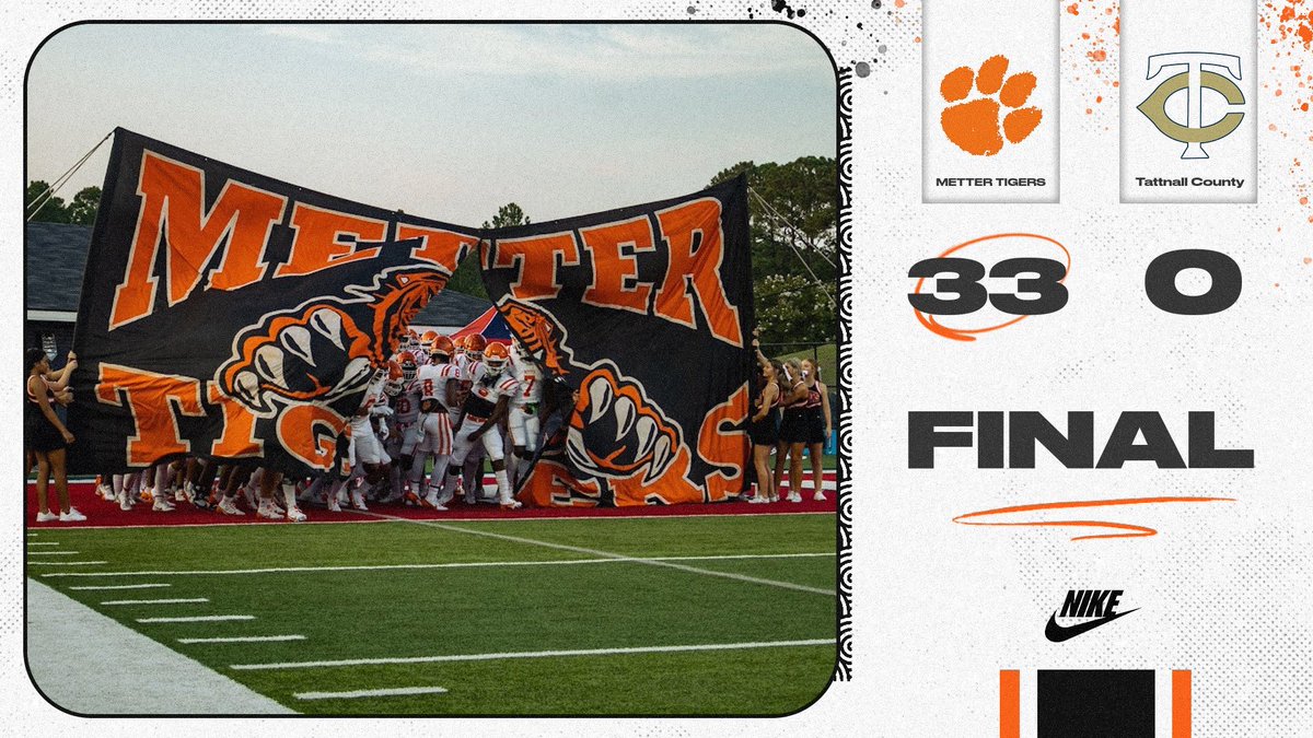 🚨 TIGERS WIN TIGERS WIN 🚨

Your final from THE JUNGLE 🐅

Metter Tigers- 33
Tattnall Co- 0

🟠⚫️

#gotigers  //  #chasingGREATNESS