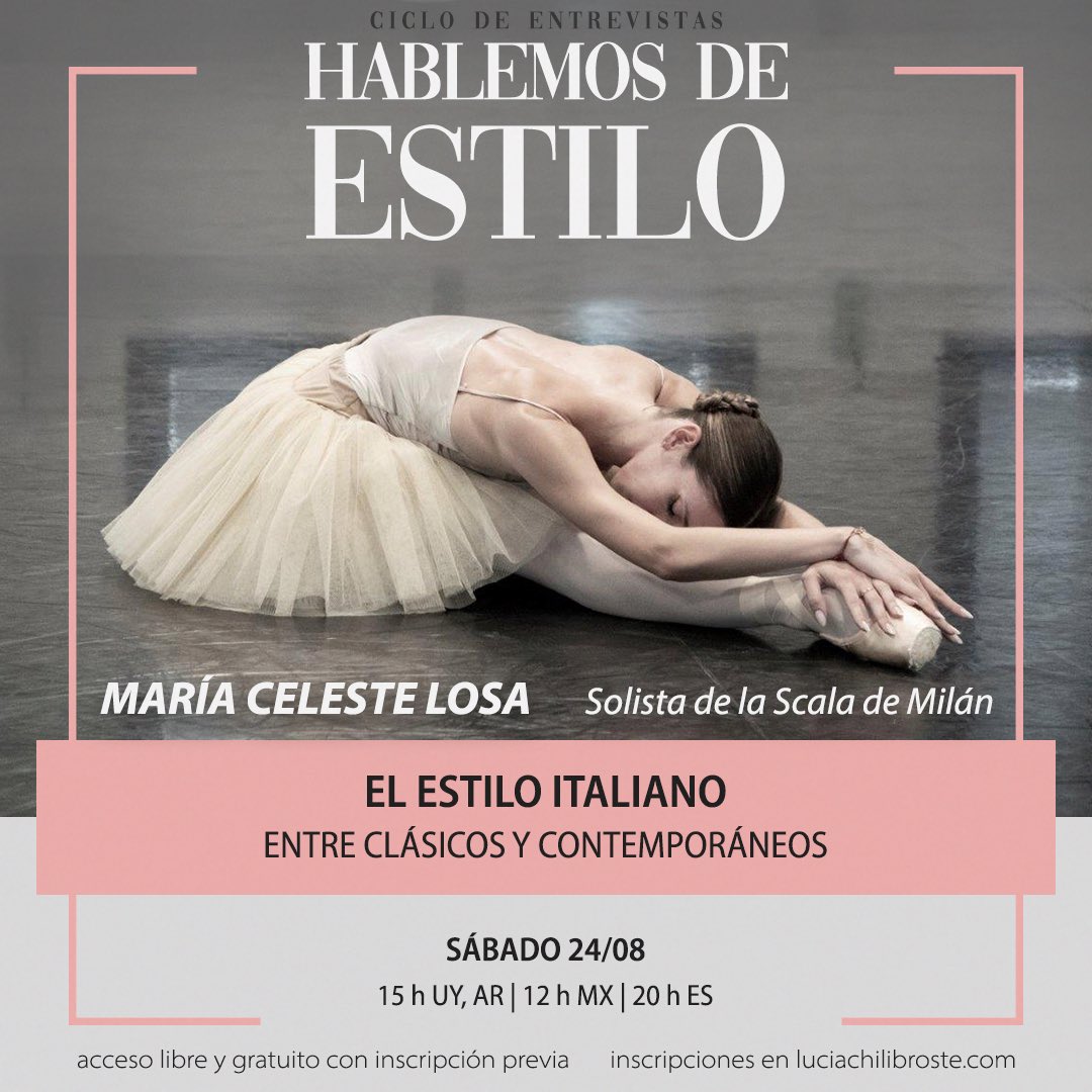 Conocen al estilo italiano? Como se baila en la Scala de Milán? Y como ha sido el camino de una de sus más divinas bailarinas, la solista Ma Celeste Losa?

luciachilibroste.com/hablemos-de-es…

Sábado 24/8
15h de 🇺🇾y🇦🇷| 14 de 🇨🇱| 20h de 🇪🇸| 12h de 🇲🇽
Inviten a todo el mundo🥰