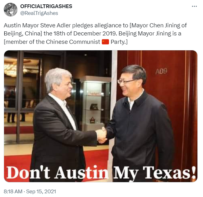urban9uprising's tweet photo. I'd rather have Trump and Kennedy shake hands over former #Democrat #Austin Mayor Adler who shook hands with Beijing Mayor Jining [member of the CCP 🇨🇳]! 
#TrumpVance2024 #RFKJr #RFKJrTrump  #UnityOverParty #MAGA #Texas #VoteTrumpVance2024  #DemocratsDividingandDestroyingAmerica https://t.co/ENMuNVXrBt