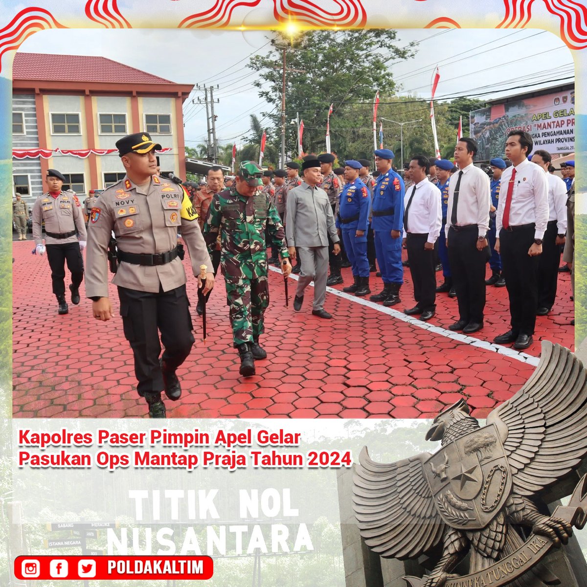 Poldakaltim's tweet photo. https://t.co/qjkwY1aqAN, Paser – Tepatnya di Lapangan Apel Mako Polres Paser, pelaksanaan Apel Gelar Pasukan Operasi “Mantap Praja Mahakam Tahun 2024” dalam rangka pengamanan Pilkada serentak di wilayah Provinsi Kalimantan Timur.
.
#poldakaltim #polrespaser #IKN #Ibukotanusantara https://t.co/gOHC91FOFO