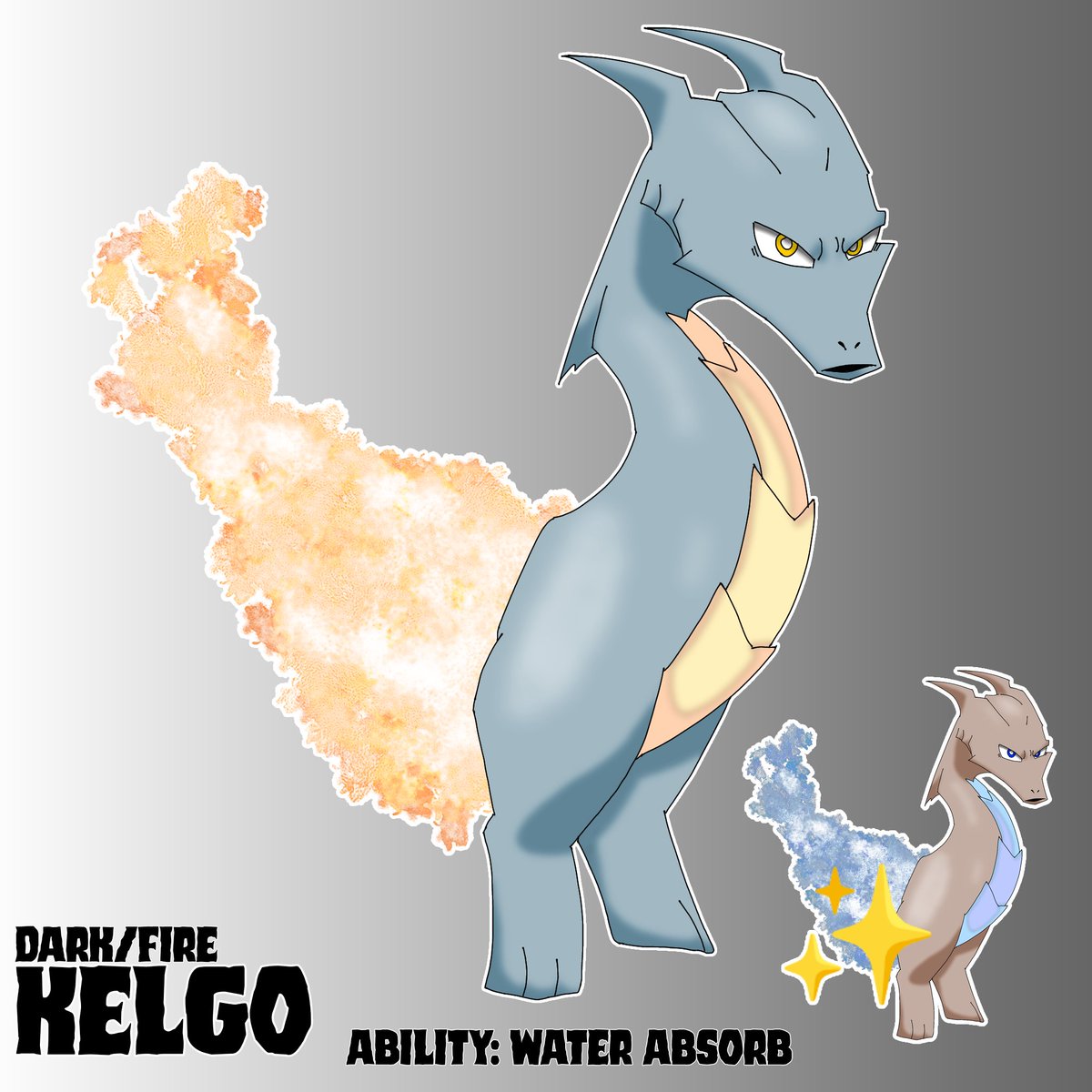 Angel_Azreal's tweet photo. #smaugustmagik #fakemon

Here's my take in this challenge.

Kelgo a Dark/Fire type pokemon based on the Kelpie, but instead of a water horse it's a fire type but has the ability water absorb as a nod to that myth. Kelgo is a mix of Kelpie and Fuego. https://t.co/qdwok0eXuU