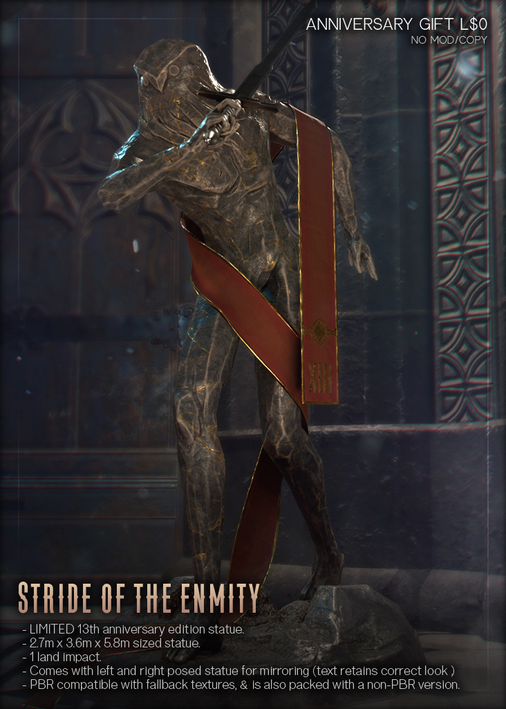 The third 13th Anniversary gift is now out along with DJ Apple's performance, and what better than to take home a souvenir for our 13th year by stealing one of the Archive's statues?

Details:
flic.kr/p/2qbN5GZ
SLURL:
maps.secondlife.com/secondlife/Con…