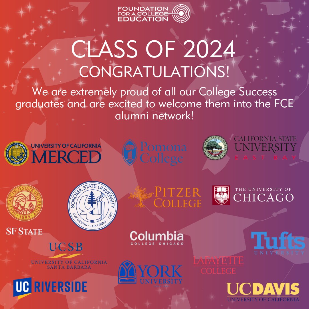 We are so proud of all 14 of our 2024 College Success graduates. Each of them has bright future ahead, and we are excited to welcome them into our FCE alumni group!