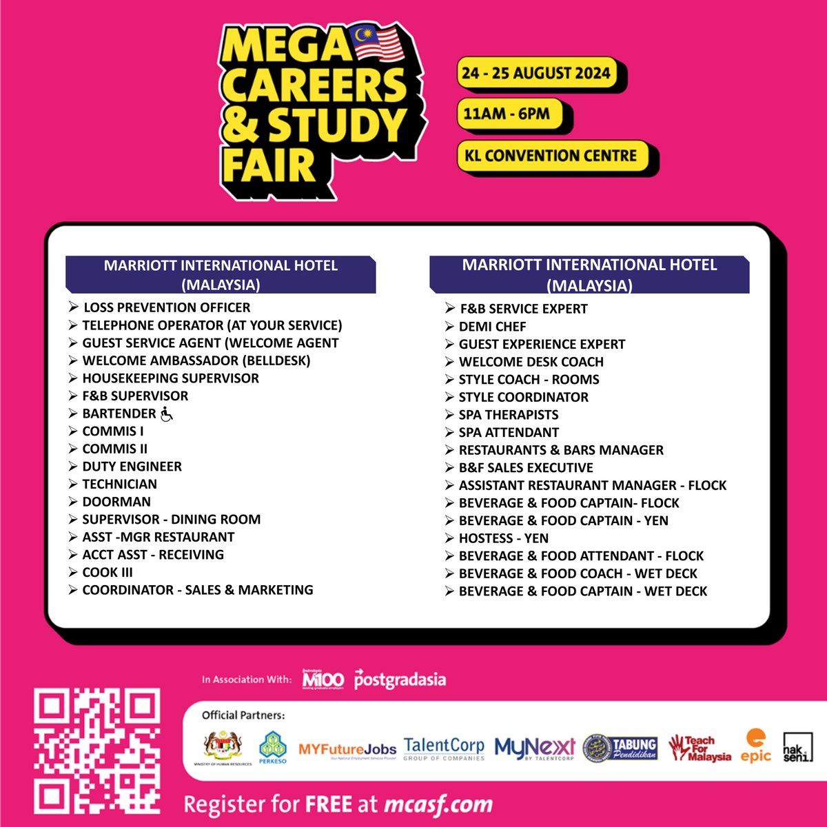 MYFJOfficial's tweet image. Register for FREE at mcasf.com or scan the QR Code given! Good luck dream chaser!

#CareerFair #StudyFair #jobseekers #vacancies #klcc