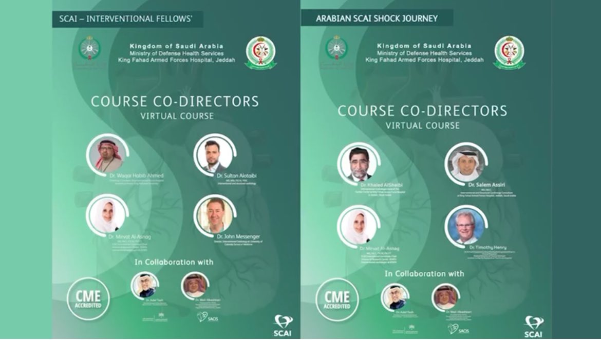 KFAFHCards's tweet photo. نرحب بكم في الدورة الإفتراضية المقامة مع جمعية قسطرة القلب الأمريكية @SCAI بالتعاون مع المجلس الصحي السعودي @SHC_GOV و جمعية قسطرة القلب السعودية @SACIS_KSA 

محور الدورات:
١~ علاج الإنخفاض الحاد فى الدورة الدم��ية
٢~ مراجعة المنهج التعليمي للمتدربين فى مجال  قسطرة القلب التداخلية https://t.co/6DpvoEbhAz