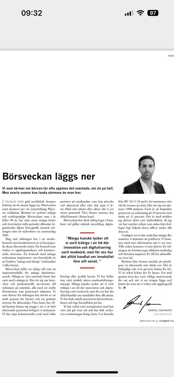 Den svarta svanen landade närmare än vanligt den här gången. Som många vet nu så kommer Börsveckan att läggas ner efter 40 år. Några tankar om detta här nedan.