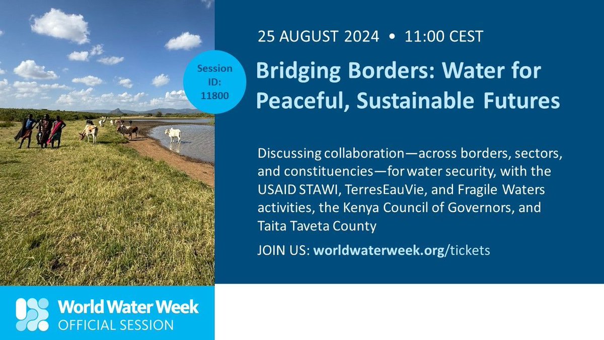 DAIGlobal's tweet photo. Tune in to our Stockholm World Water Week webinar tomorrow at 11am-12 pm CEST / 12-1pm EAT / 5-6am EST: Bridging Borders: Water for Peaceful, Sustainable Futures (session 1180). @USAID's Fragile Waters project will be moderating, with insights from the USAID Sustainable Transformational and Accessible Water Interventions (STAWI) project, the USAID TerresEauVie, and local leaders. Speakers:
·       Mary Mwiti @CEOCOG, Chief Executive Officer, Kenya Council of Governors
·       Patrick Wadu, Direct of Water and Sanitation Services, Taita Taveta County
·       Amadou Sayo, Technical Advisor and Sustainable Land Management Specialist, USAID TerresEauVie
·       (Moderator) @HeatherSkilling, Chief of Party, USAID Fragile Waters
Register and attend online for FREE: https://t.co/4nbuykk0iK 
#WaterSecurity #WASH @USAIDWater