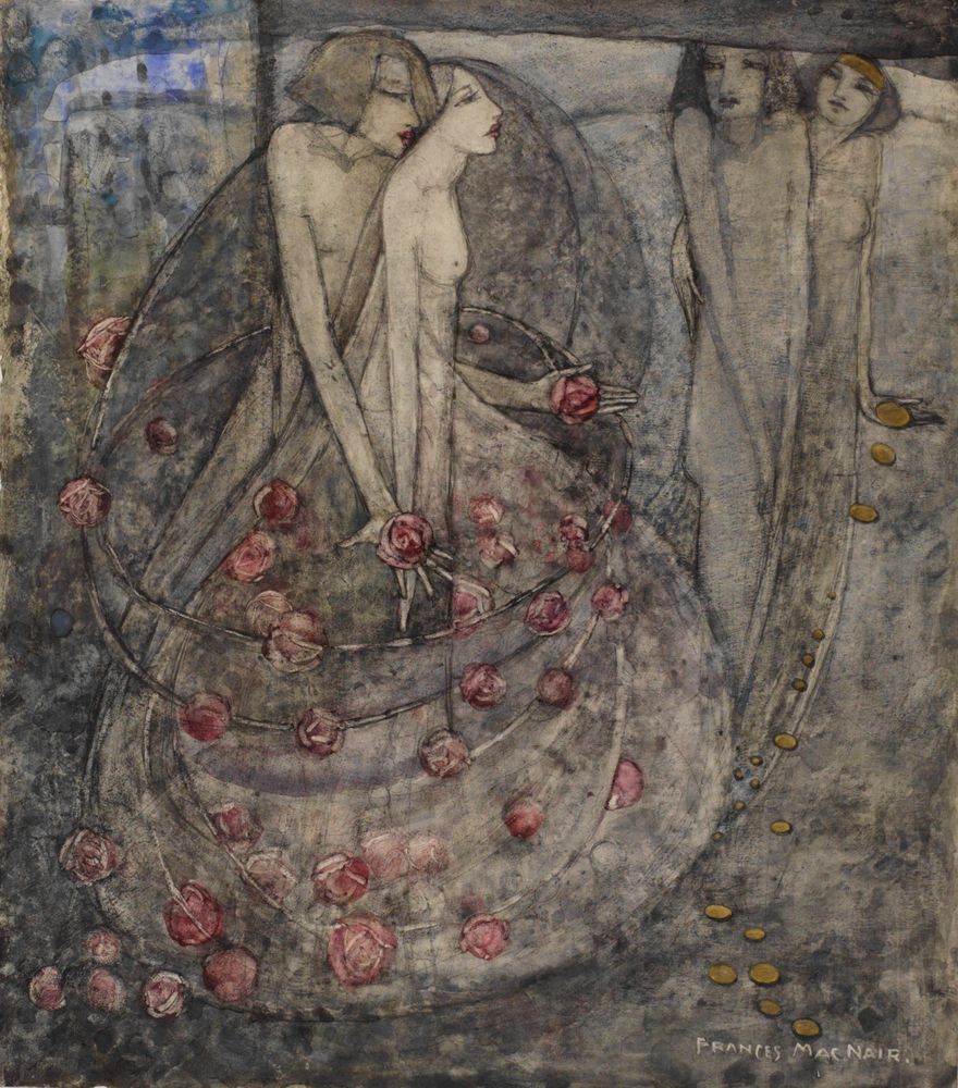 Watercolour painting depicting two separate couples embraced. One couple has roses cascading from their hands to their feet, while the other has gold coins.
