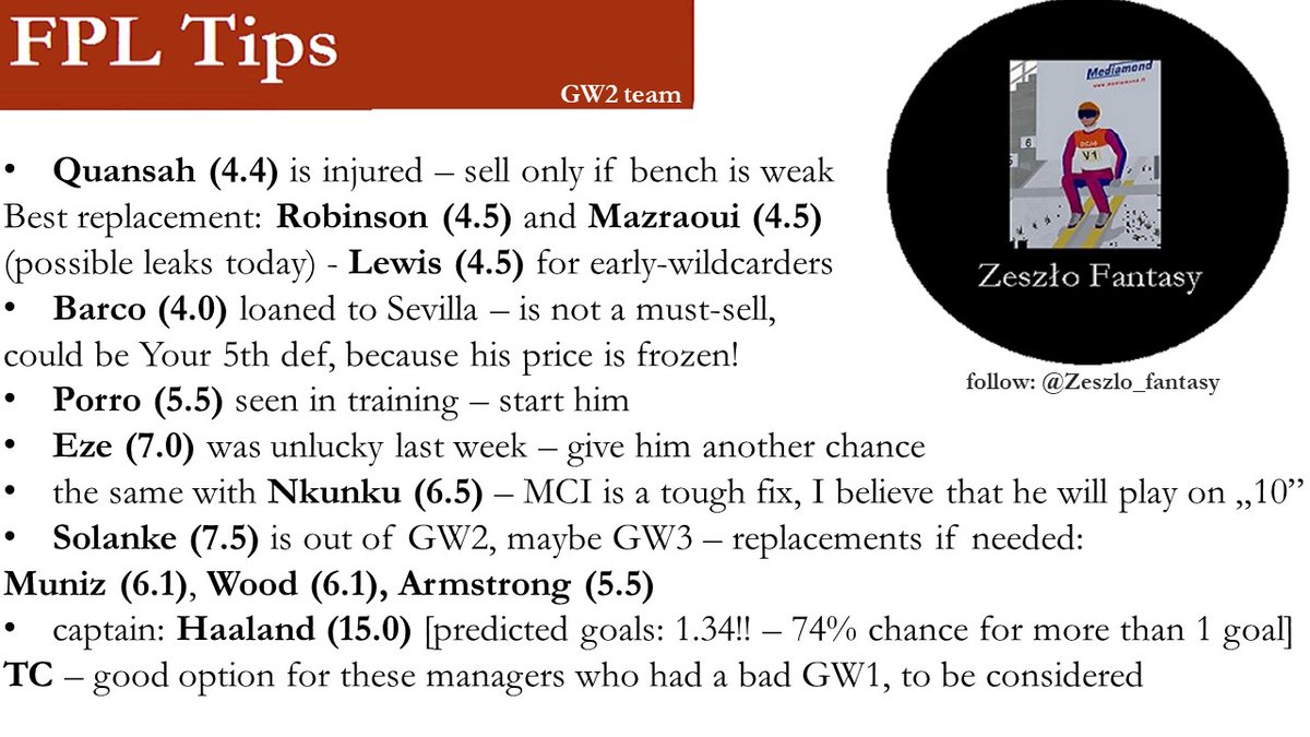Zeszlo_fantasy's tweet image. I think it&apos;s time for #GW2 #fpltips
Issues covered by me today:
- best Quansah/Barco replacements
- what to do with Porro &amp;amp; Eze &amp;amp; Nkunku
- best Solanke replacements
- TC on Haaland?
#fpl #FPLcommunity