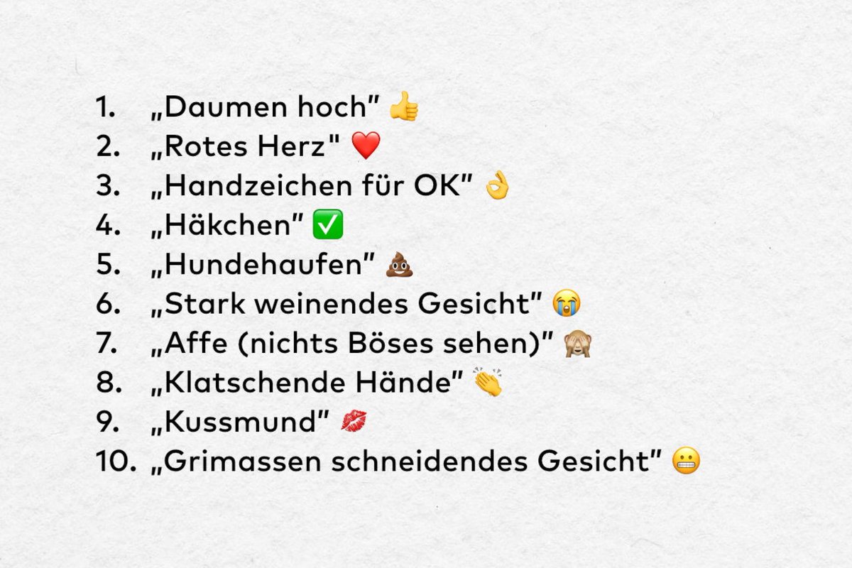 Diese Emojis findet "die GenZ" oll: 

👍 Muttis-Facebook-Gruppe
❤️ zu wenig enthusiastisch 
👌 unterkomplex
✅ überheblich 
💩 WTF?!
😭 zu negativ
🙈 einfach alt
👏 uneindeutig 
😬 Wenn das der Papa erfährt!

Und welche Emojis verwendest du so jeden Tag?
