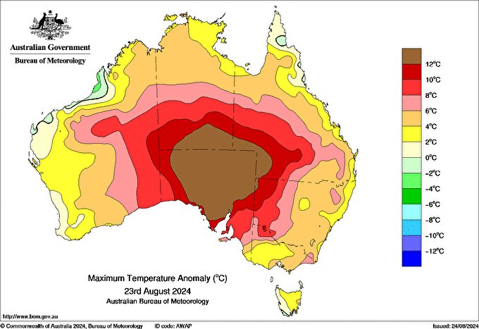 Widespread winter warmth across Australia. Yesterday most of the continent had maximum temperatures at least 4°C above normal.