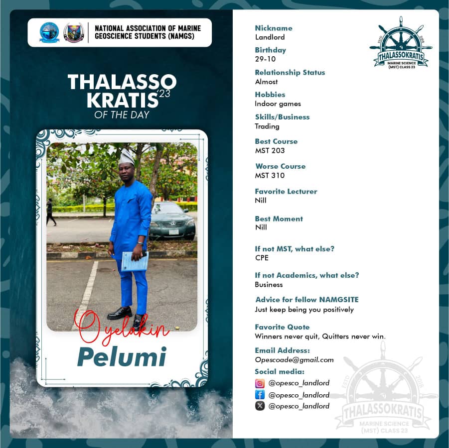 Mstclass23's tweet image. Meet Oyelakin Pelumi, aka Landlord, our Thalassokratis of the Day! 

His jovial spirit &amp;amp; supportive nature have made him a ray of sunshine in MST.

A true friend, team player &amp;amp; determined individual, he's inspired us all with his growth &amp;amp; achievements. 

Congratulations! 👏 I'm