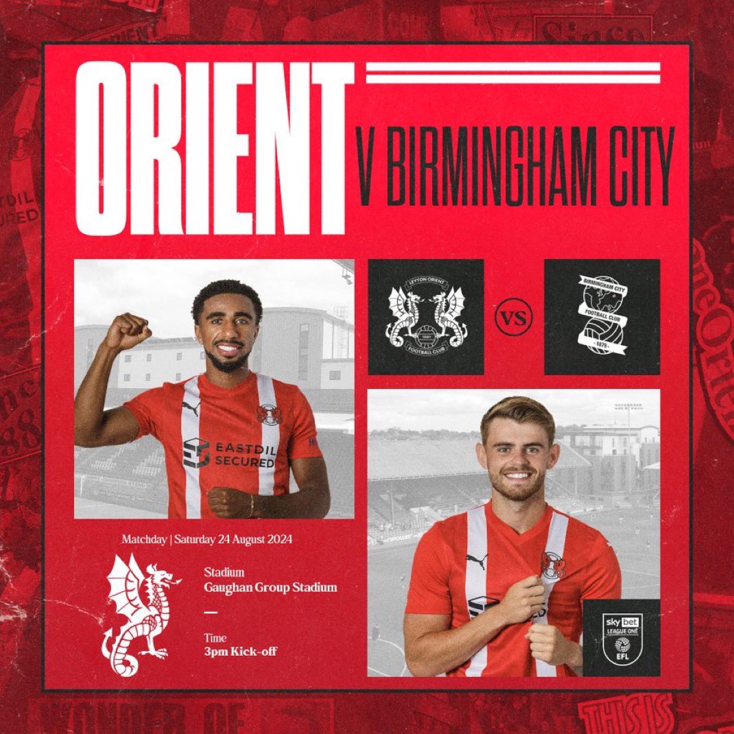 Match day here at Gaughan Group Stadium 

📅 24.08.24
🕰️ KO 15:00
⚽️ <a href="/leytonorientfc/">Leyton Orient FC</a> vs <a href="/BCFC/">Birmingham City FC</a> 
🏟️ <a href="/GaughanGStadium/">Gaughan Group Stadium</a> 

Come on you O’s

#LOFC #OneOrient