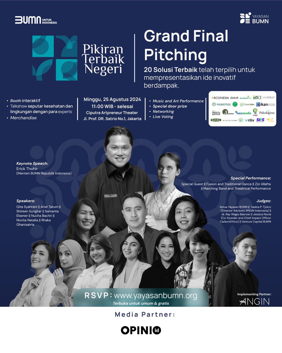 Yuk, datang dan berkontribusi pada acara “Grand Final Pitching Pikiran Terbaik Negeri” yang akan berlangsung pada:
📆 25 Agustus 2024
📍Ciputra Artpreneur Jakarta, Ciputra World 1, Kuningan, Jakarta

Pendaftaran GRATIS di grandfinalptn.com 

#PikiranTerbaikNegeri