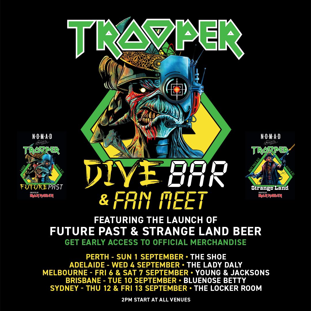 Iron Maiden (@ironmaiden) on Twitter photo Eds up for our fans in Australia! You neED to get involved in this!
Meet up with fans ahead of the show ✅
2 brand new trooper beers to try ✅
Early access to official merch ✅
All venues will be open at 2pm on the day of the show! Enjoy! 🍻
<a href="/NomadsBrewing/">Nomad Brewing Co.</a>
#IronMaiden Eds up for our fans in Australia! You neED to get involved in this!
Meet up with fans ahead of the show ✅
2 brand new trooper beers to try ✅
Early access to official merch ✅
All venues will be open at 2pm on the day of the show! Enjoy! 🍻
<a href="/NomadsBrewing/">Nomad Brewing Co.</a>
#IronMaiden