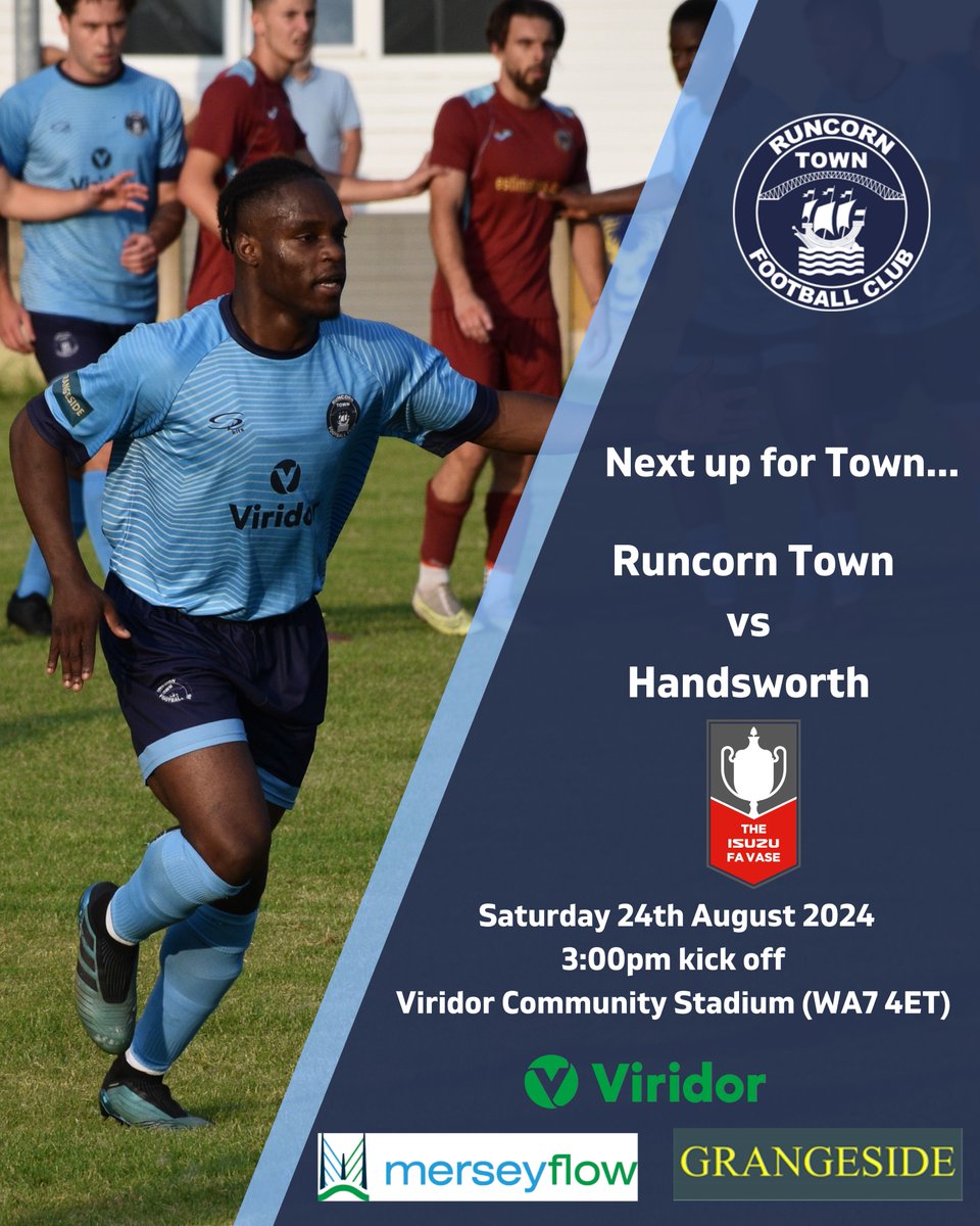 Matchday! ⚽️

🆚 Runcorn Town vs <a href="/Handsworth_FC/">Handsworth FC</a> 

📆 Saturday 24th August

🕢 3:00pm

🏆 Isuzu FA Vase

📍 | Viridor Community Stadium, Sandy Lane, Weston Point. WA7 4ET.

🎟️ £7 Adults, £4 Concessions, Under 16’s £1.