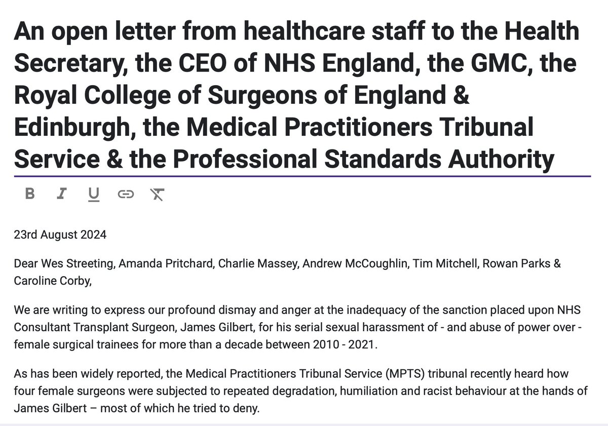 💥 NHS SEXUAL HARASSMENT 💥

Serial sexual harassment &amp; racism from a surgeon for over a decade, despite a warning &amp; formal complaint - yet his sanction is only an 8 month suspension?

Has #MeToo passed the NHS by??

Pls sign &amp; share this open letter 🙏

forms.gle/BmB1KjHKyukXZo…