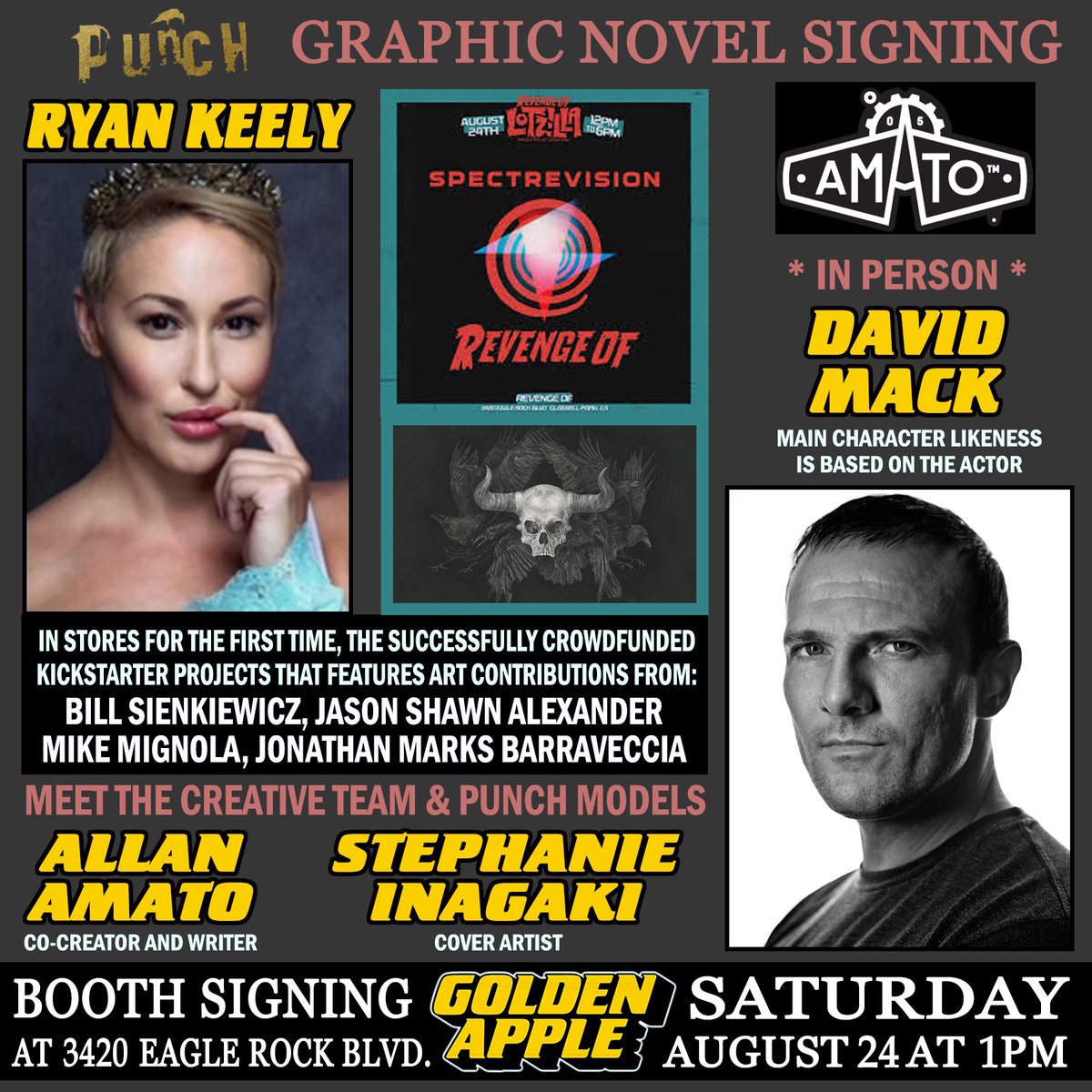 GAppleComics's tweet photo. Saturday 12-6pm @RevengeOfComics #lotzilla with creators @davidmackkabuki @alexpardee &amp; more, model/actor @ryankeely vendors @pinkshotdogs Pinball, movie screening and much more! https://t.co/iJSx54iWFN