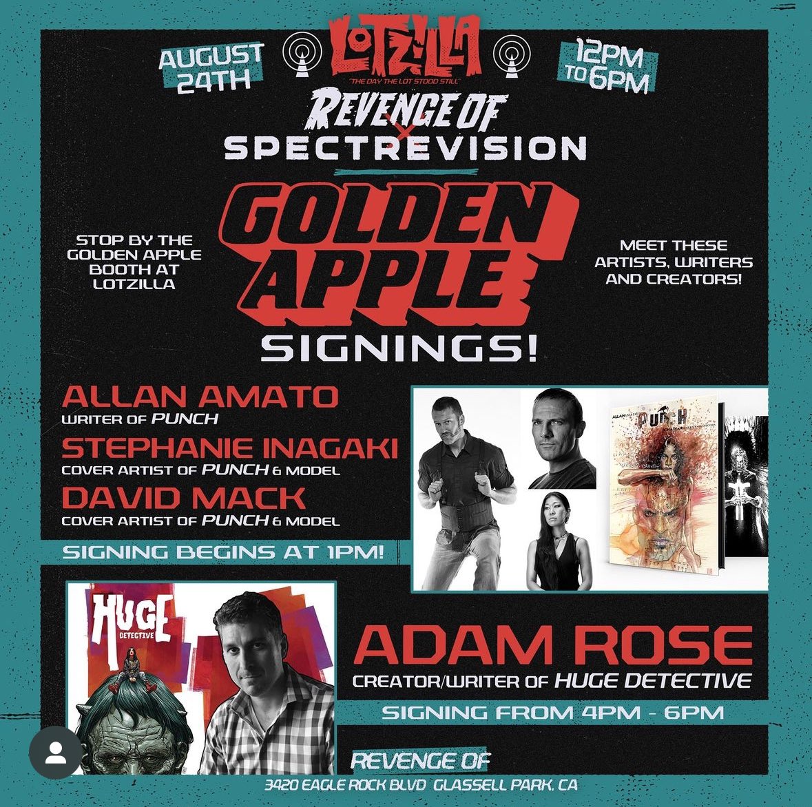 GAppleComics's tweet photo. Saturday 12-6pm @RevengeOfComics #lotzilla with creators @davidmackkabuki @alexpardee &amp; more, model/actor @ryankeely vendors @pinkshotdogs Pinball, movie screening and much more! https://t.co/iJSx54iWFN