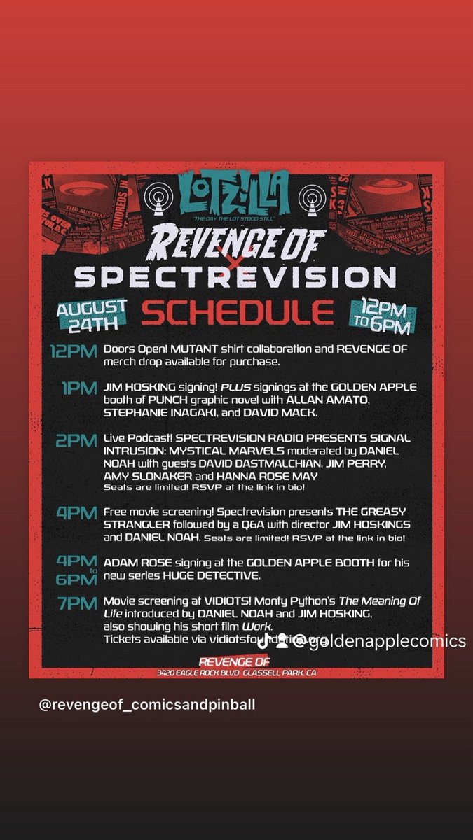 GAppleComics's tweet photo. Saturday 12-6pm @RevengeOfComics #lotzilla with creators @davidmackkabuki @alexpardee &amp; more, model/actor @ryankeely vendors @pinkshotdogs Pinball, movie screening and much more! https://t.co/iJSx54iWFN